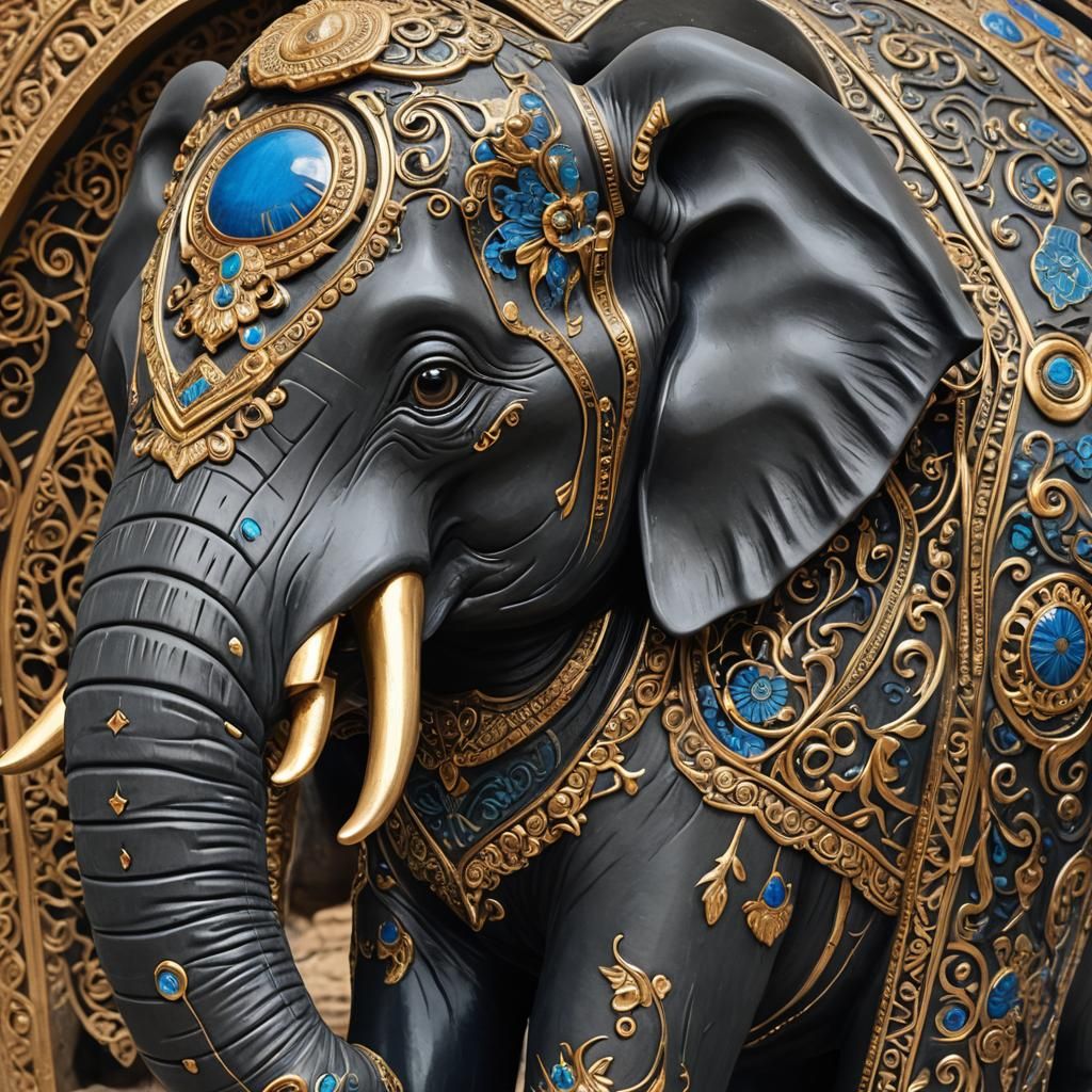 Ceramic Elephant Sculpture with Golden Inlay