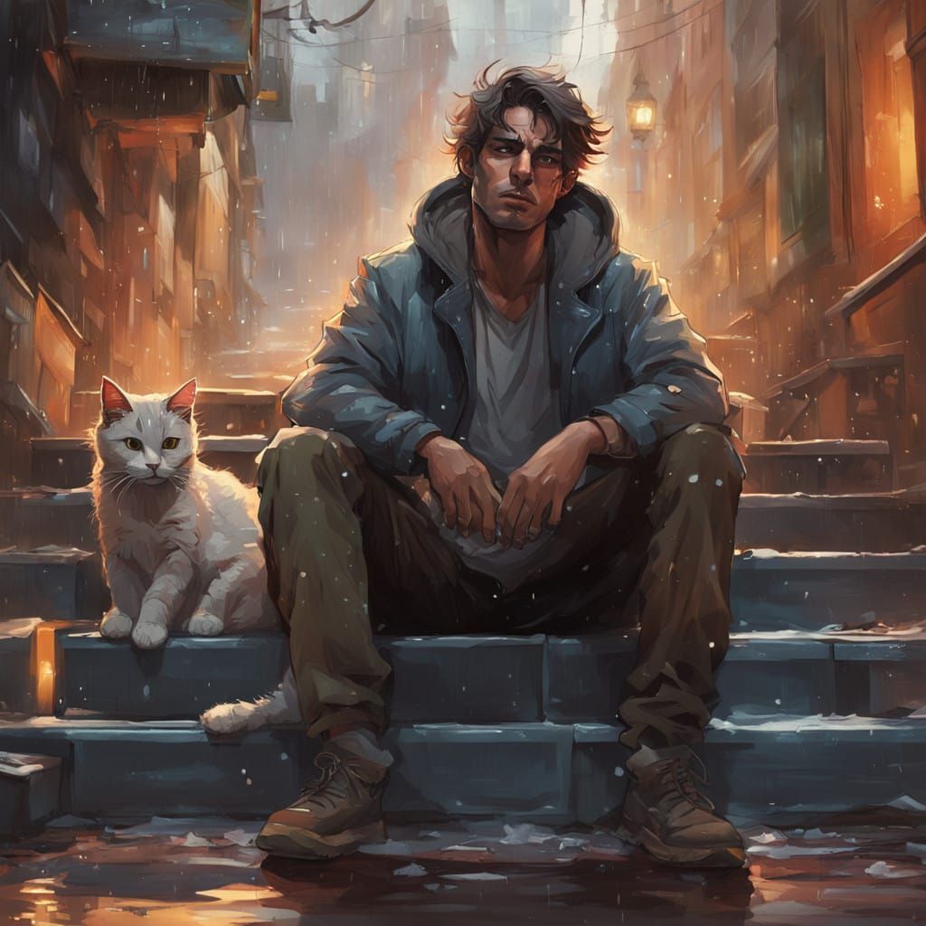 A Drunken Man and His Feline Friend in a Rainy Alley