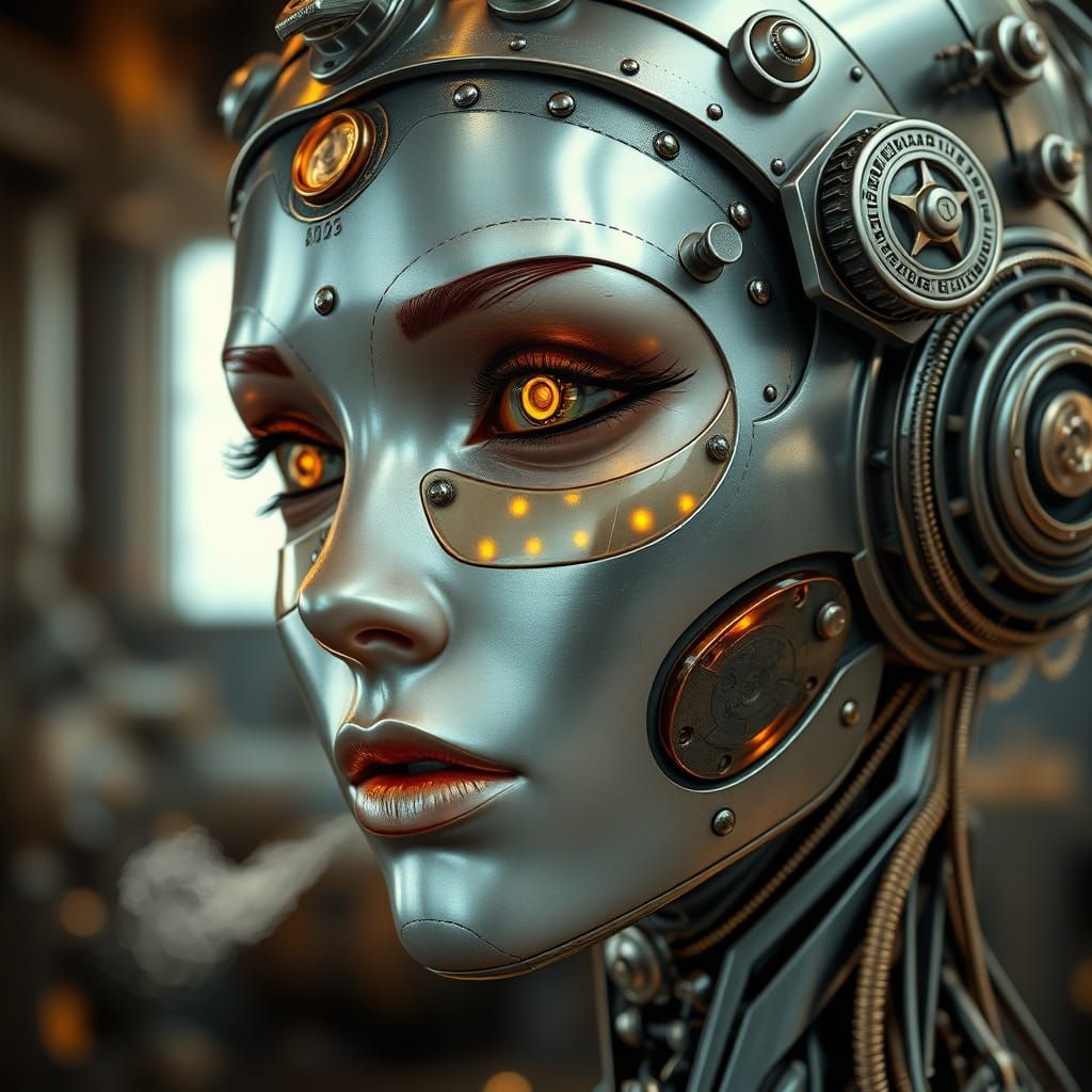 Steampunk Android Face with Glowing Lens Eye