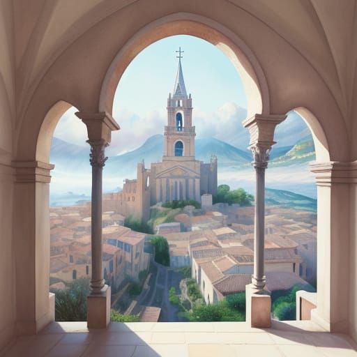 Ethereal Sicilian Cathedral in Surreal Watercolor Style