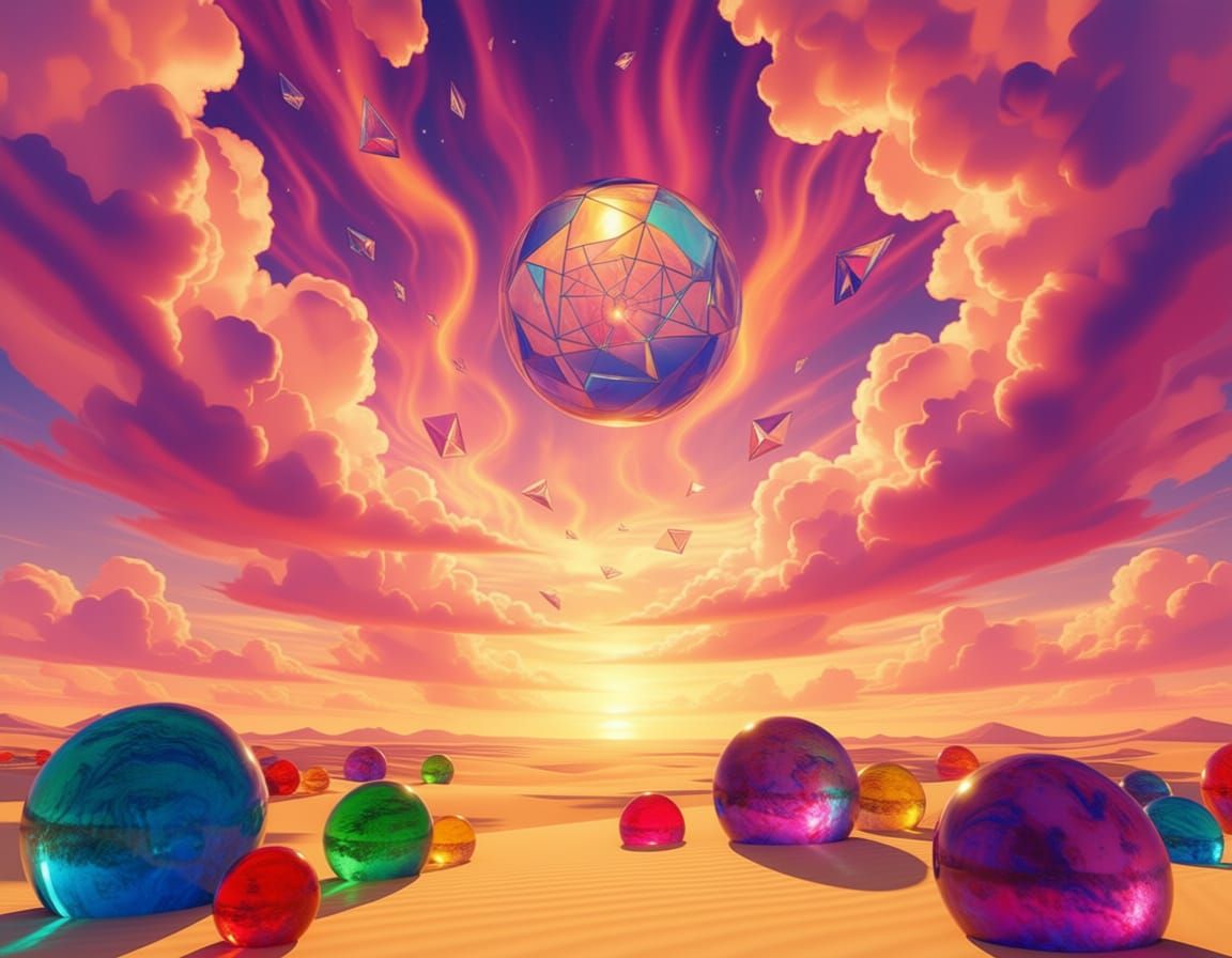 Surreal Glass Spheres at Sunrise Landscape