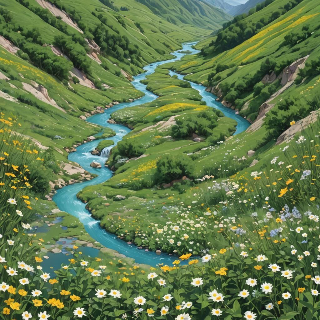 Idyllic Flower Valley with Flowing Water
