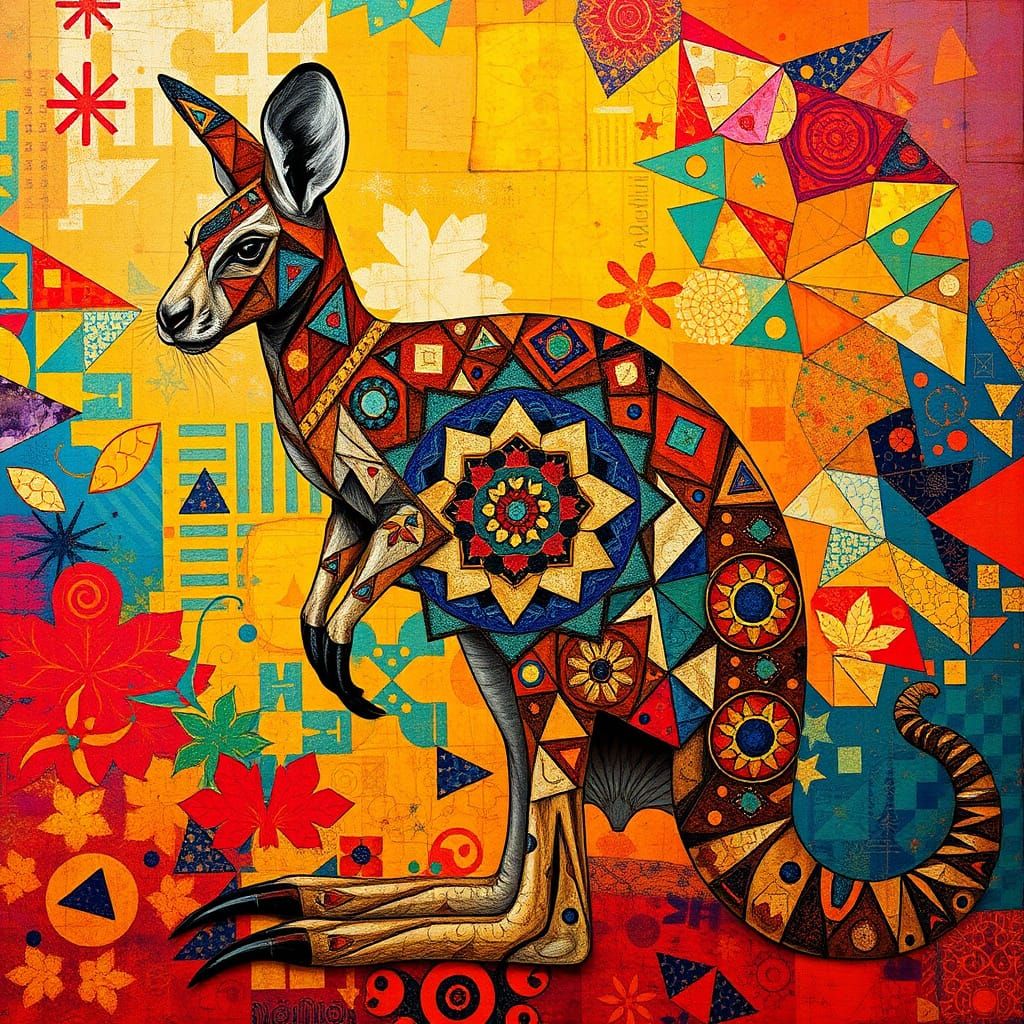 Intricately Quilted Kangaroo in Geometric Tapestry Style
