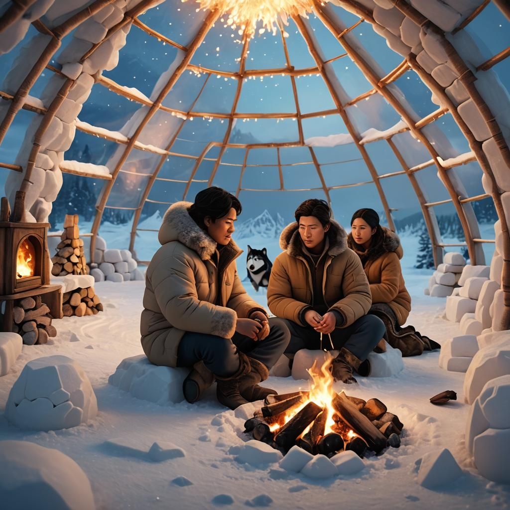 Eskimo Couple in Igloo by Fire, 3D Rendered