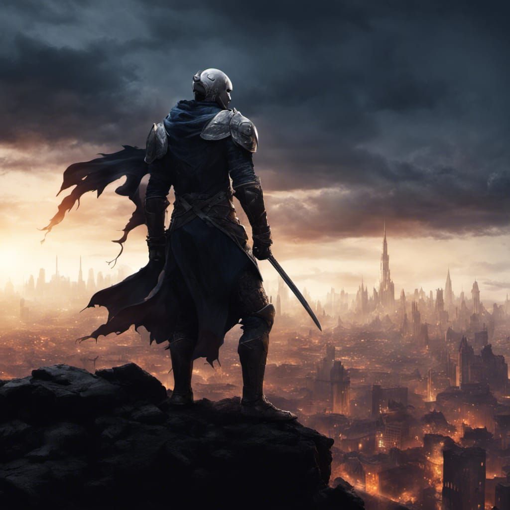 Knight Overlooking Modern City, Fantasy Concept Art