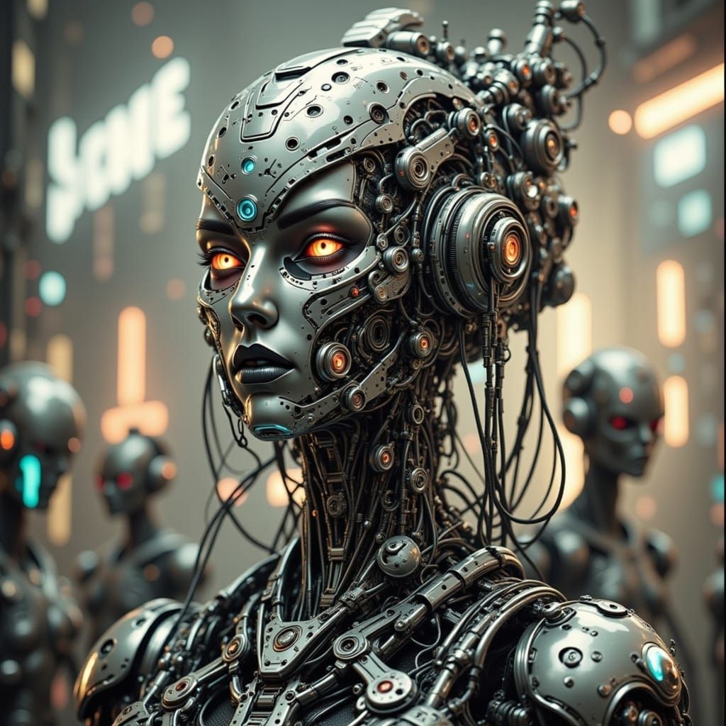 Enigmatic Cybernetic Creature Portrait in Biomorphic Style