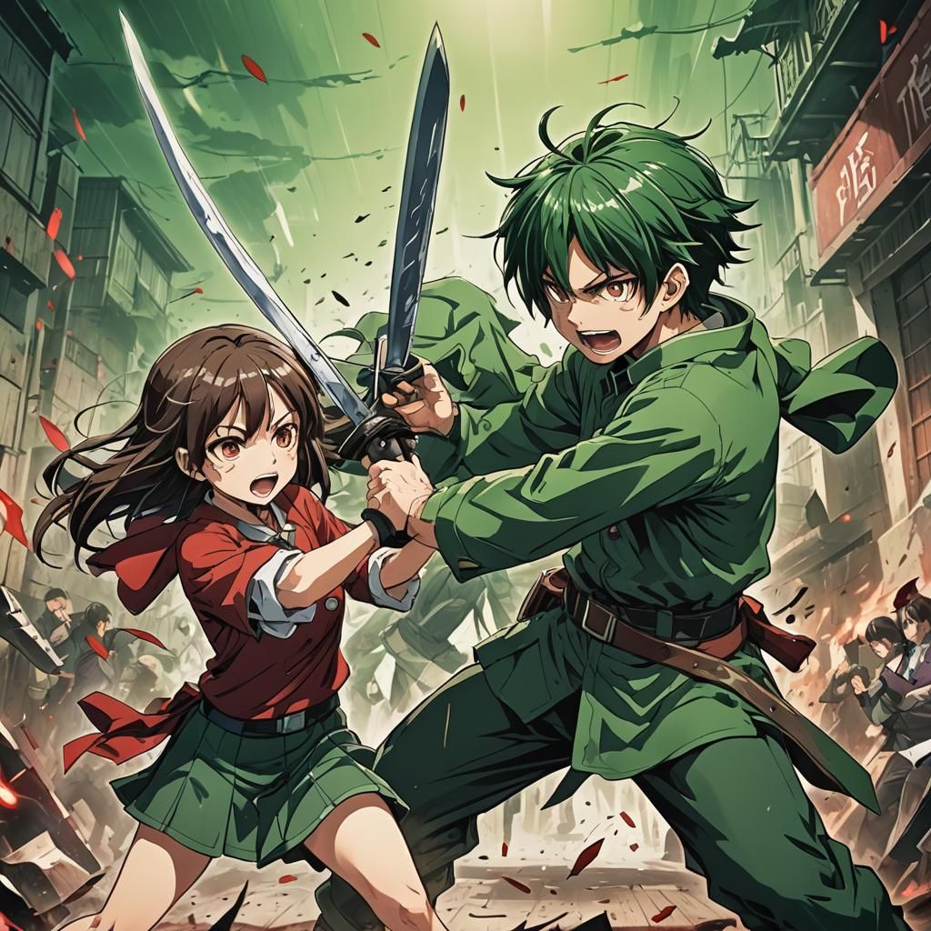 Anime Fight Scene: Boy Versus Girl with Red Eyes