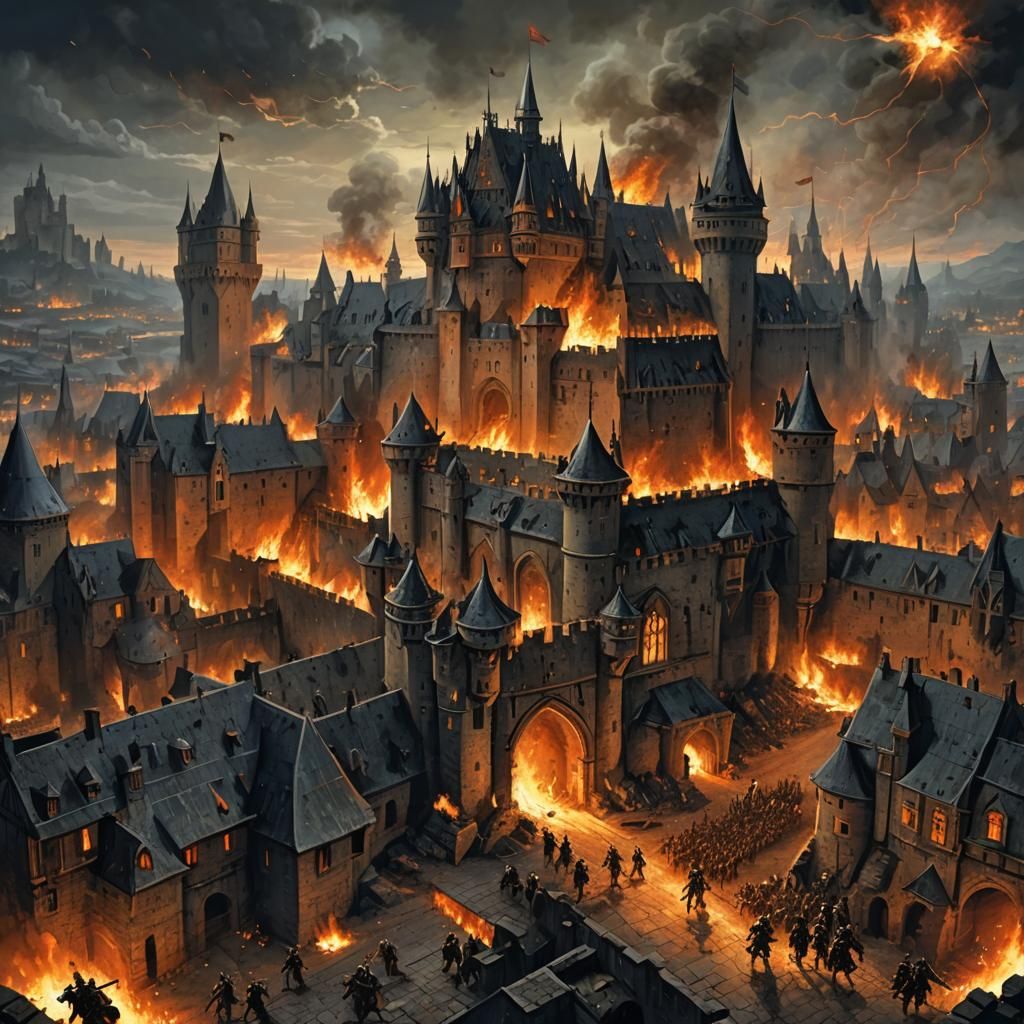 Burning Medieval City Under Siege: Fantasy Art