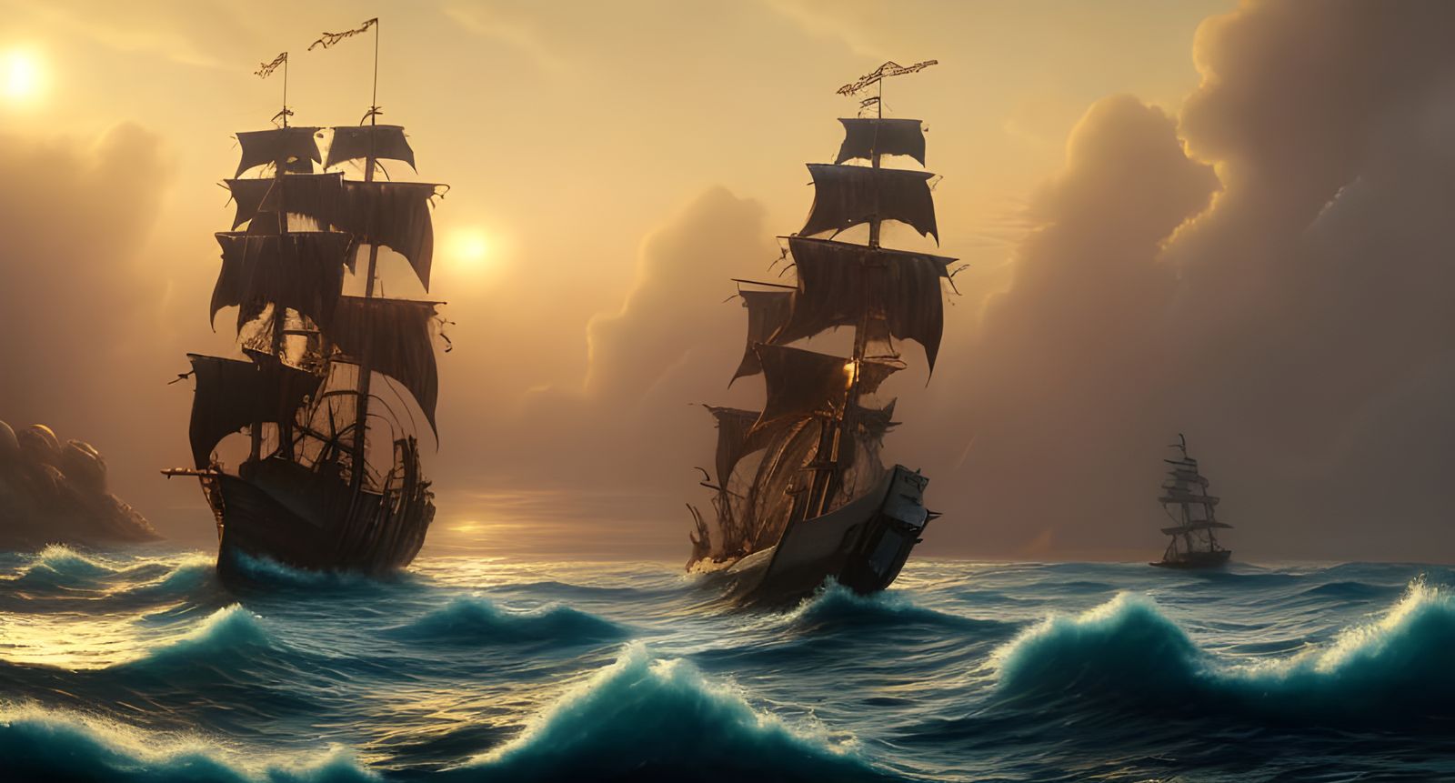 Magical Black Sail Pirate Ship Seascape at Sunset