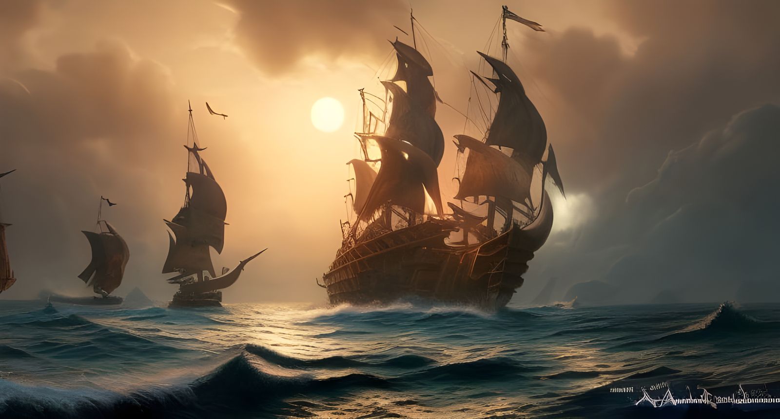 Magical Black Sail Pirate Ship at Sunset