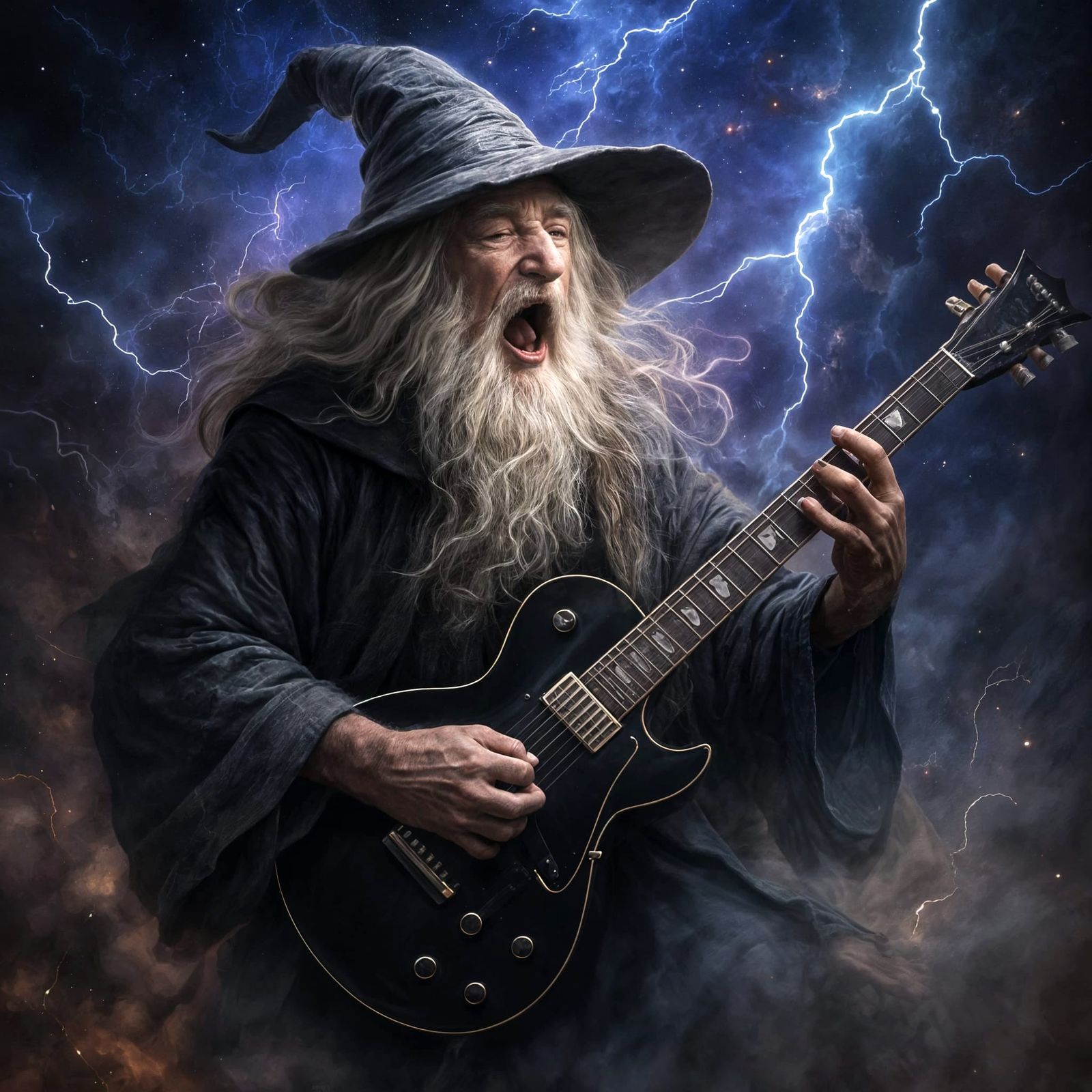 Gandalf Shreds Electric Guitar in Smoky Space