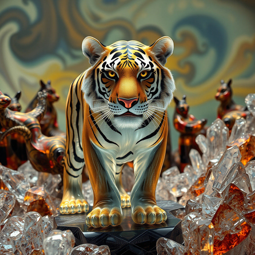 Glass Tiger in Surreal Crystalline Landscape