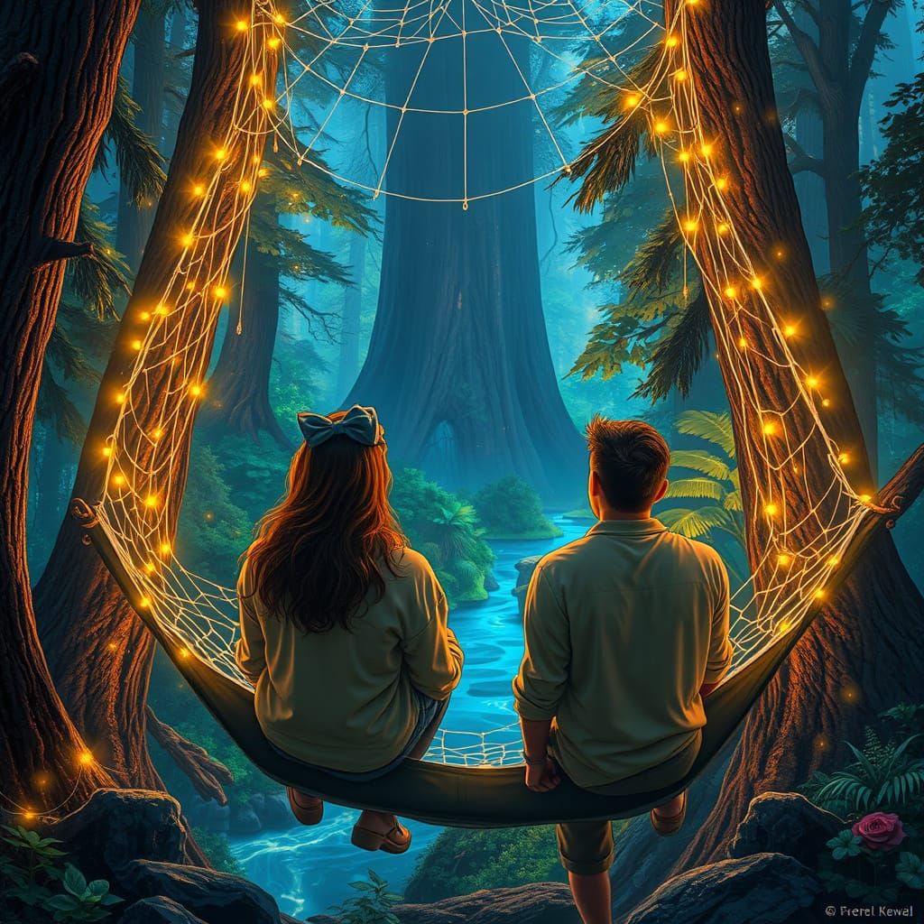 Couple in Bioluminescent Forest Spiderweb, Hyperrealistic St...