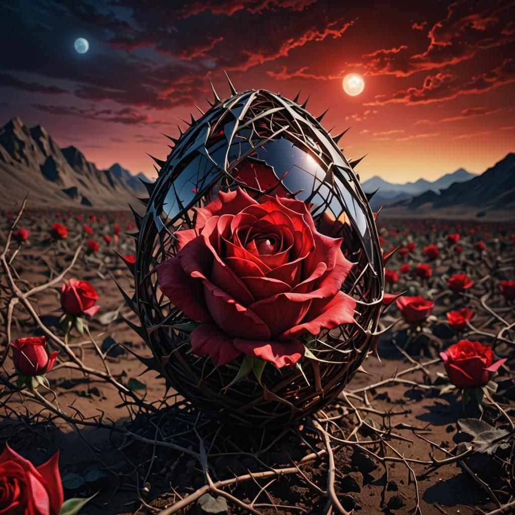 Deep Red Thorny Rose Hatching in Surreal Landscape