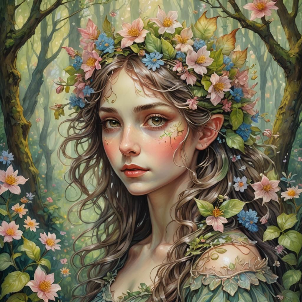 Mischievous Spring Fae Portrait in Arthur Rackham Style