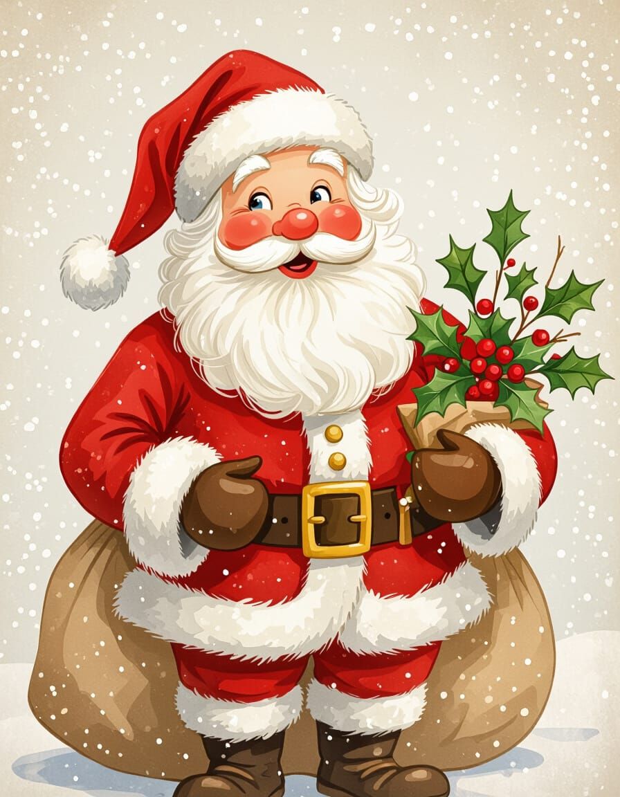 Victorian Santa Claus with Gift Sack in Watercolor Style