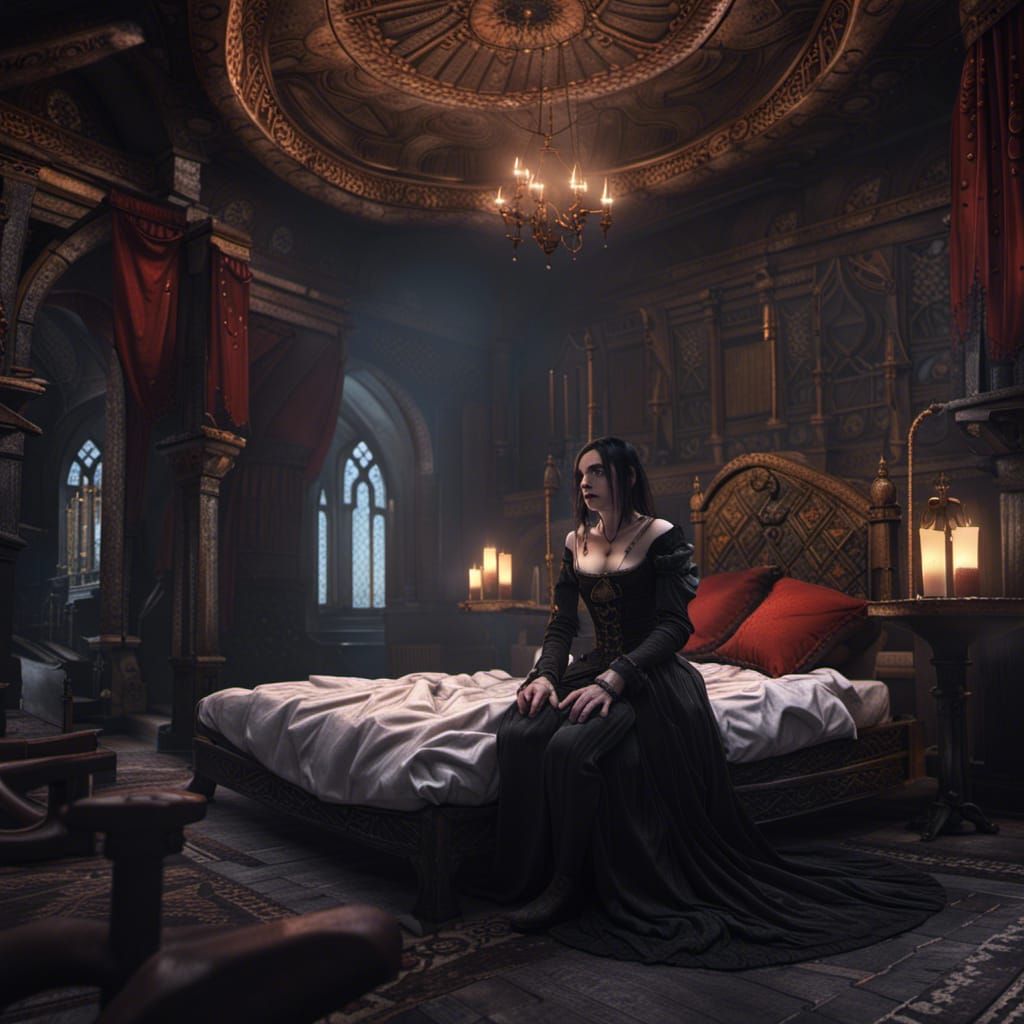 Gothic Woman in Medieval Room: Fantasy Concept Art