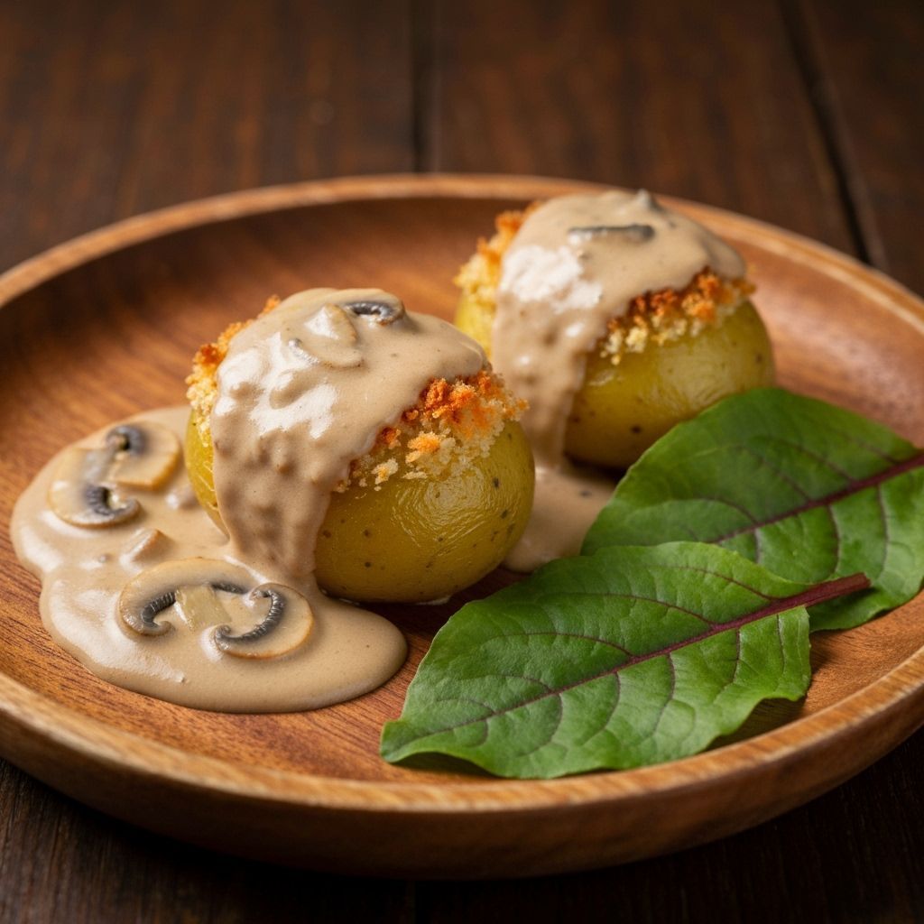 Photorealistic Potato Borax with Mushroom Sauce and Greens