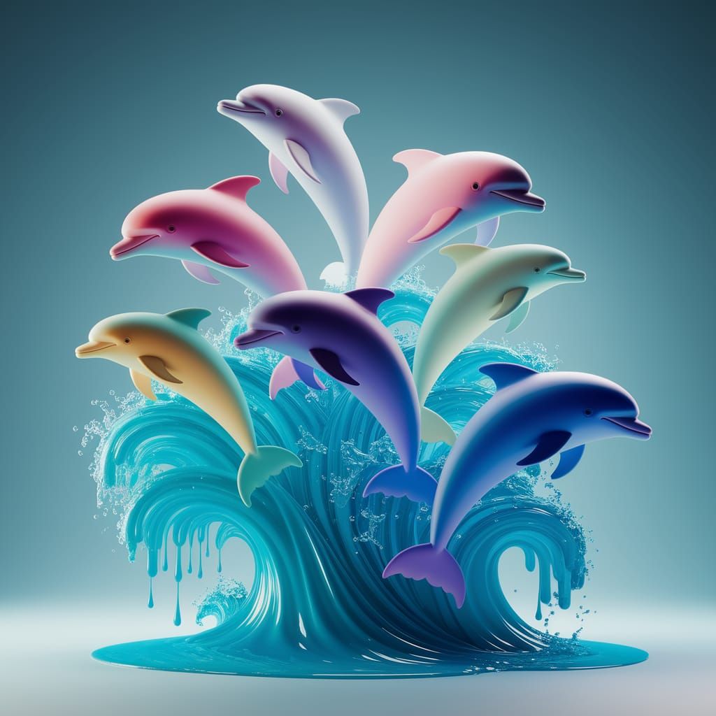 Dolphins Made of Sea Glass Leap Through Turquoise Waves