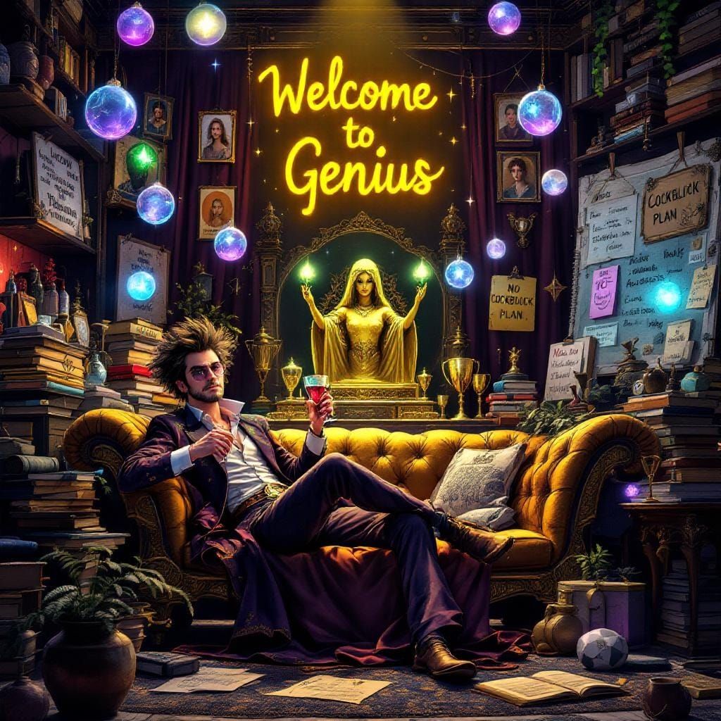 A highly detailed digital painting of a young arrogant nerdy wizard's study filled with absurd amounts of trophies, awar...