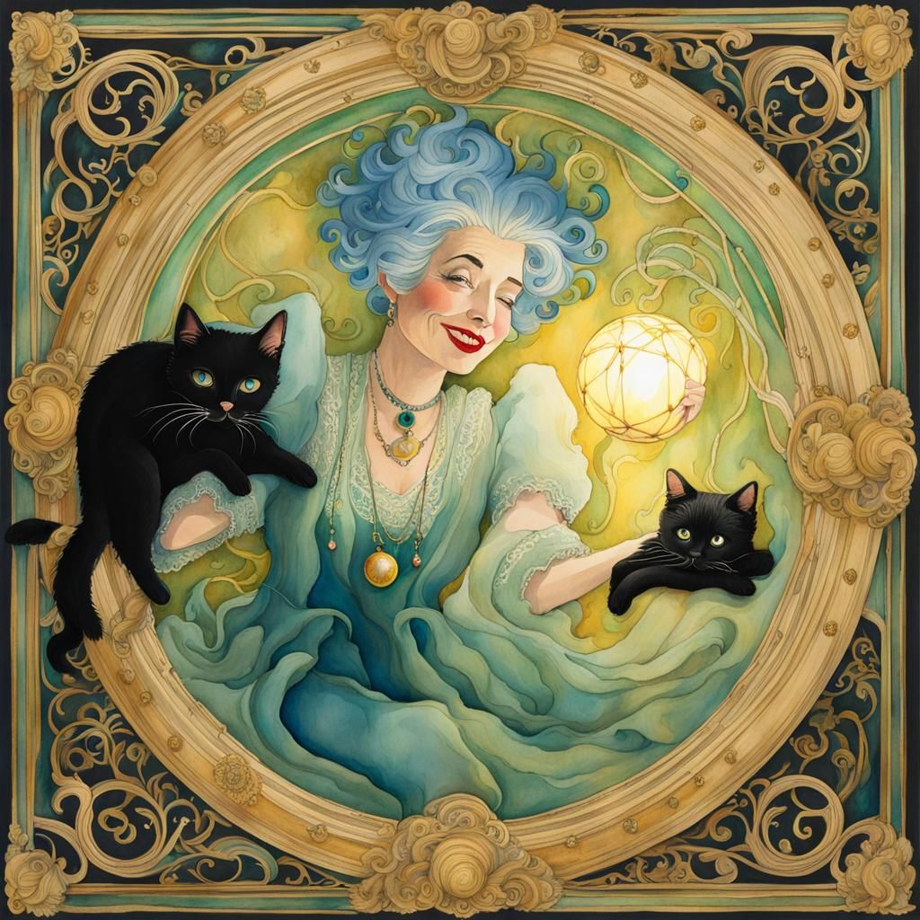 Whimsical Upside-Down Lady with Cat, in Watercolor