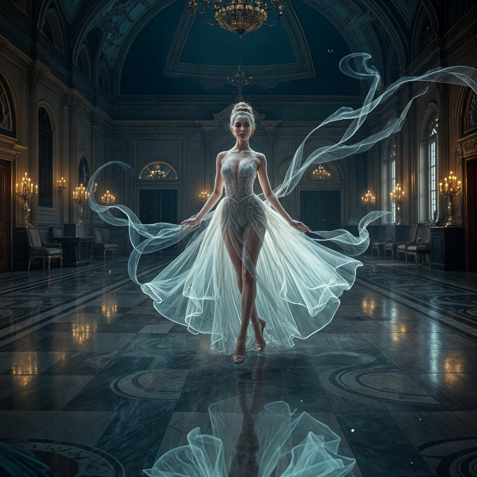 Glowing Ballroom Specter Dances Across Empty Hall in Dreamli...