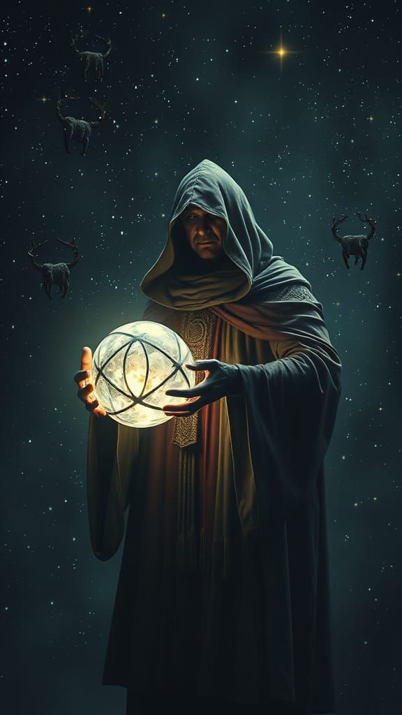 Cloaked Figure with Glowing Orb in Starry Void