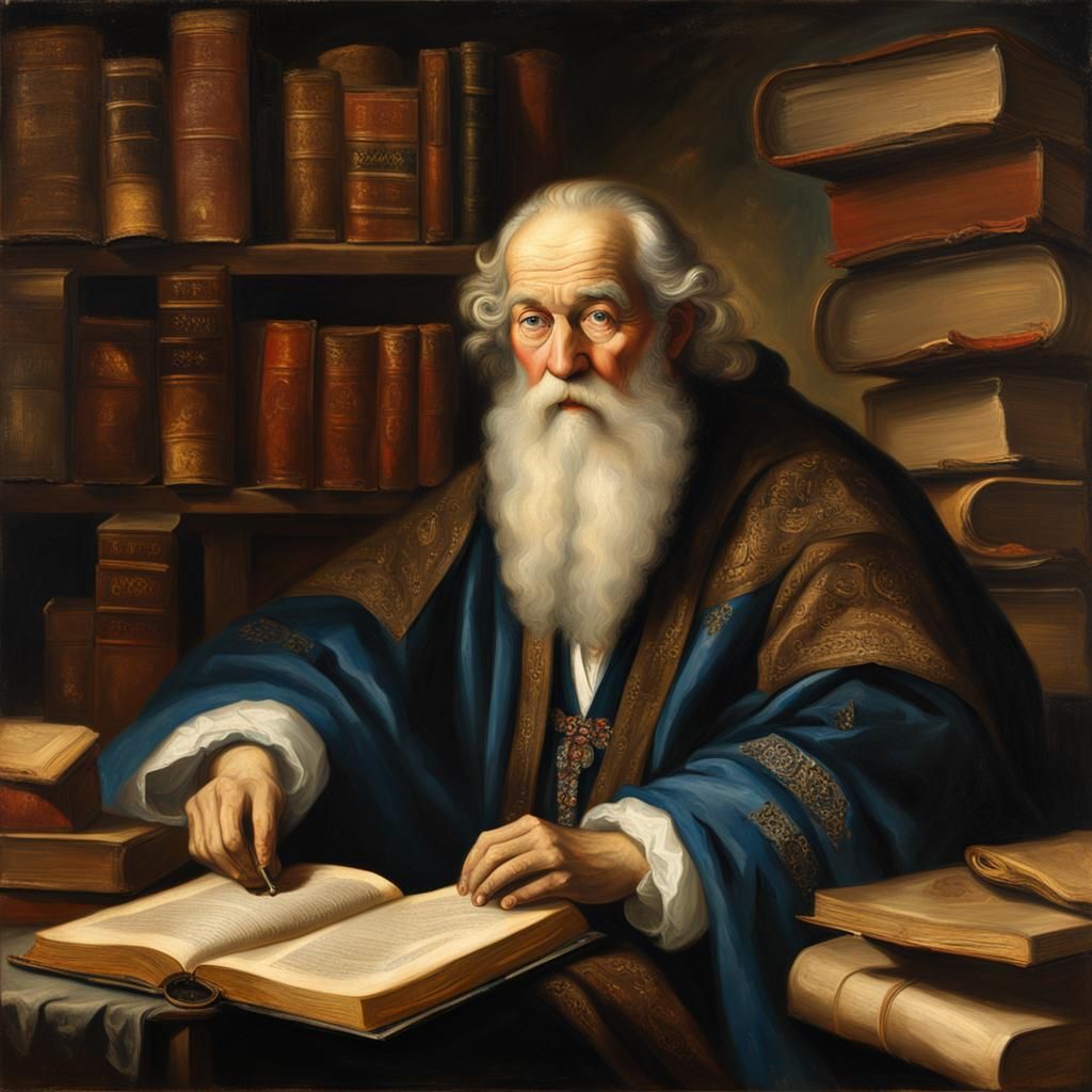 An oil painting on canvas of a wise old man with a long white beard and piercing blue eyes, wearing a flowing robe and s...
