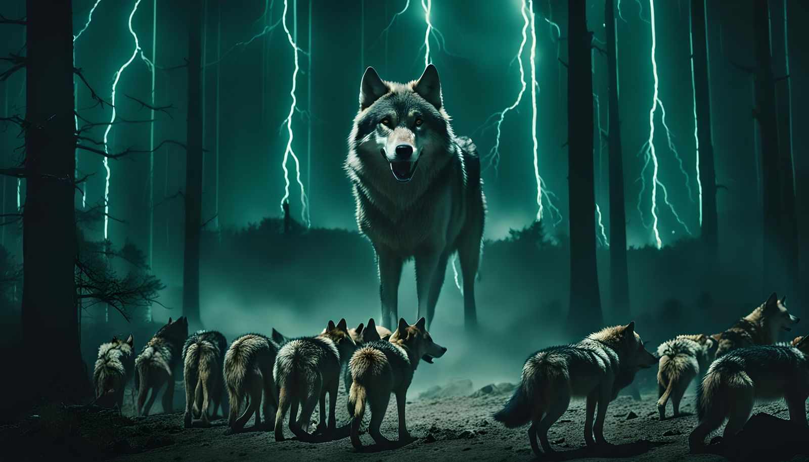 Dramatic Thunderstorm Over Desolate Landscape with Wolves