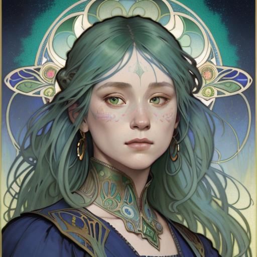 Art Nouveau Woman with Green and Blue Hair