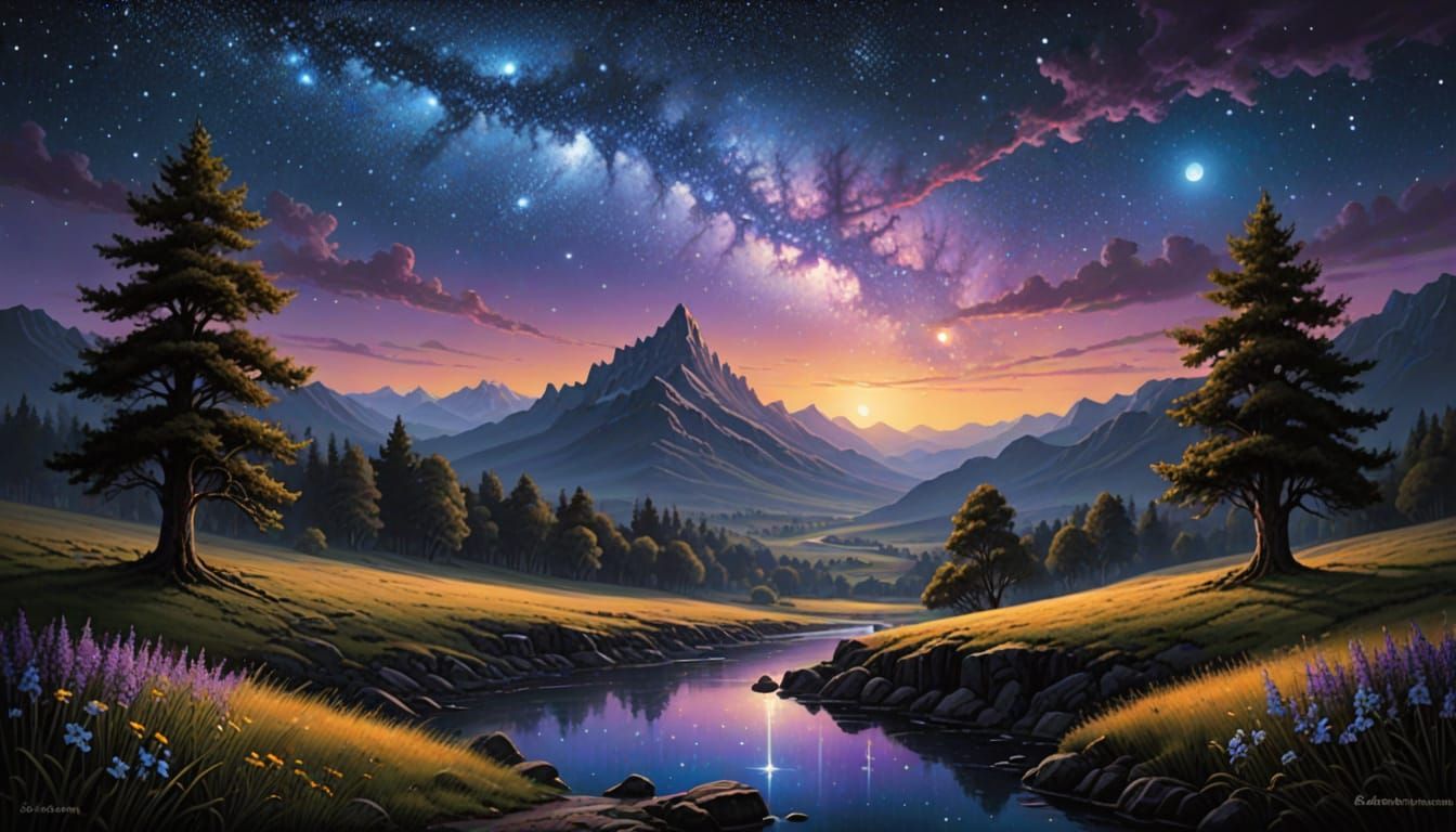 Starry Night Fantasy Landscape in Oil Painting