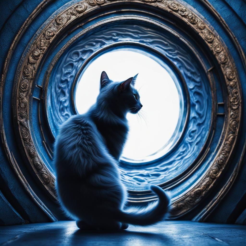 Hyperrealistic Cat Emerges from Swirling Blue Portal
