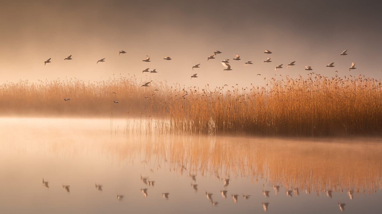 Misty Dawn on Serene Autumn Lake