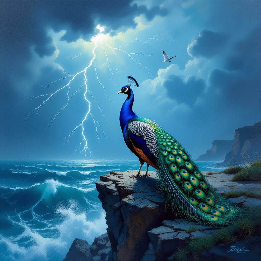 Majestic Peacock on Cliff Edge During Storm, Oil Painting