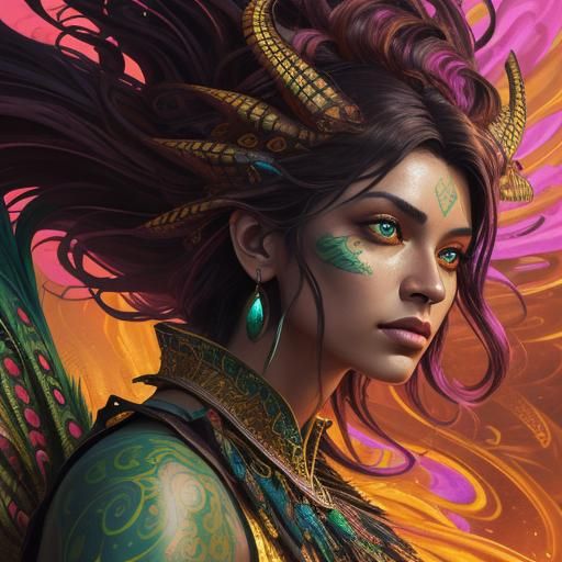 Dragon Peacock Woman in Abstract Fauvism Style