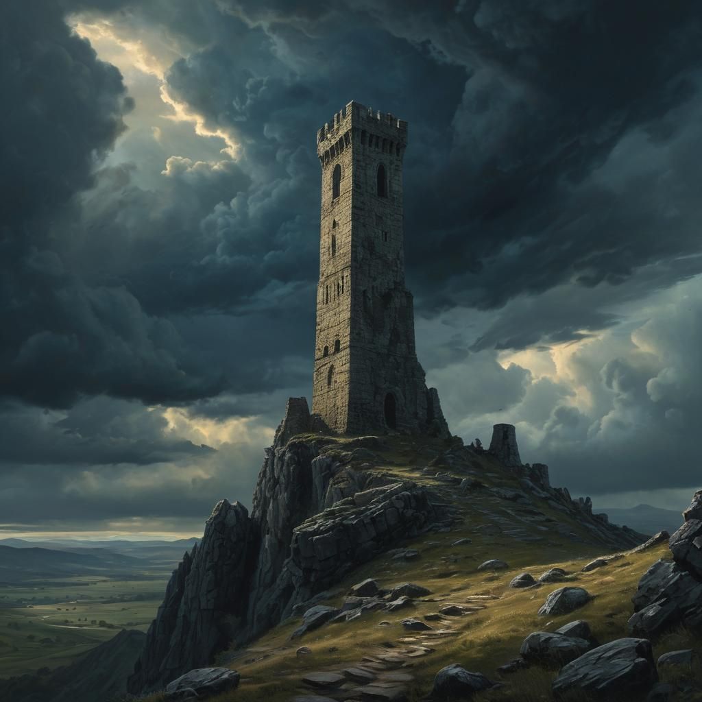 Ruined Tower in Epic Fantasy Landscape Painting