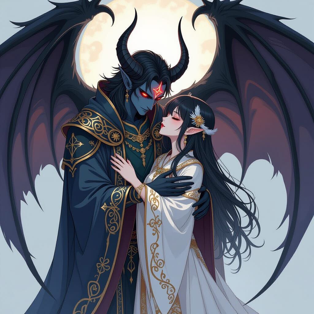 Priestess Embraces Demon in Anime Manga Style