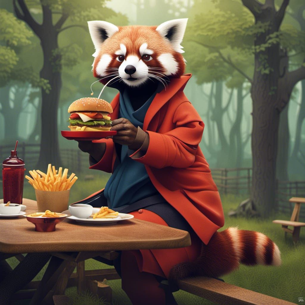 Red Panda Feast in Origami Papercraft Style