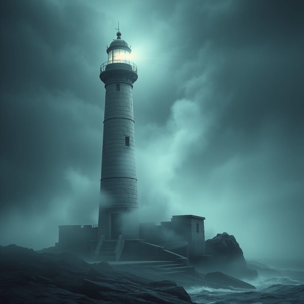 Ethereal Lighthouse Shrouded in Mist on Windswept Shore
