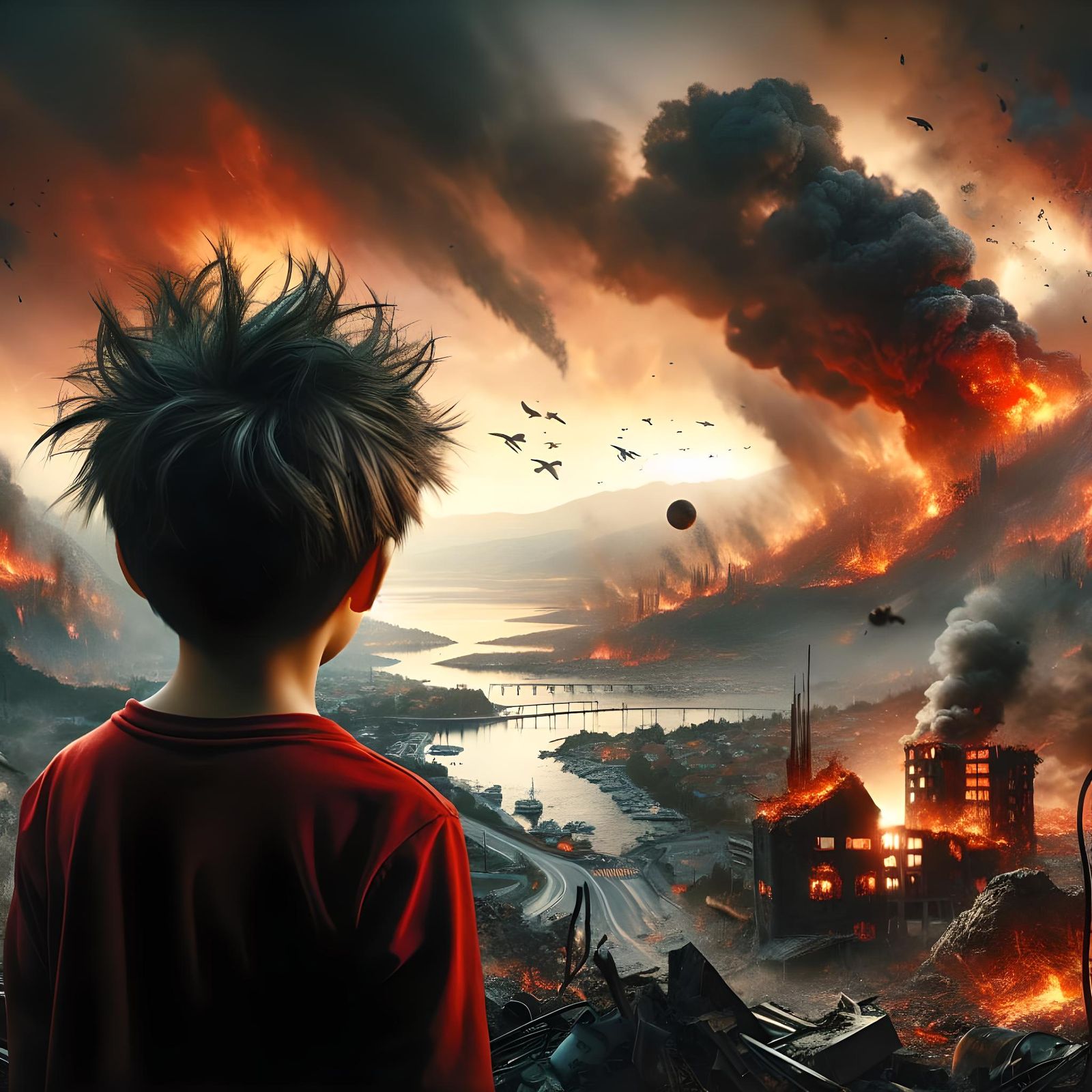 Boy Observes Apocalyptic Landscape with Burning Ruins