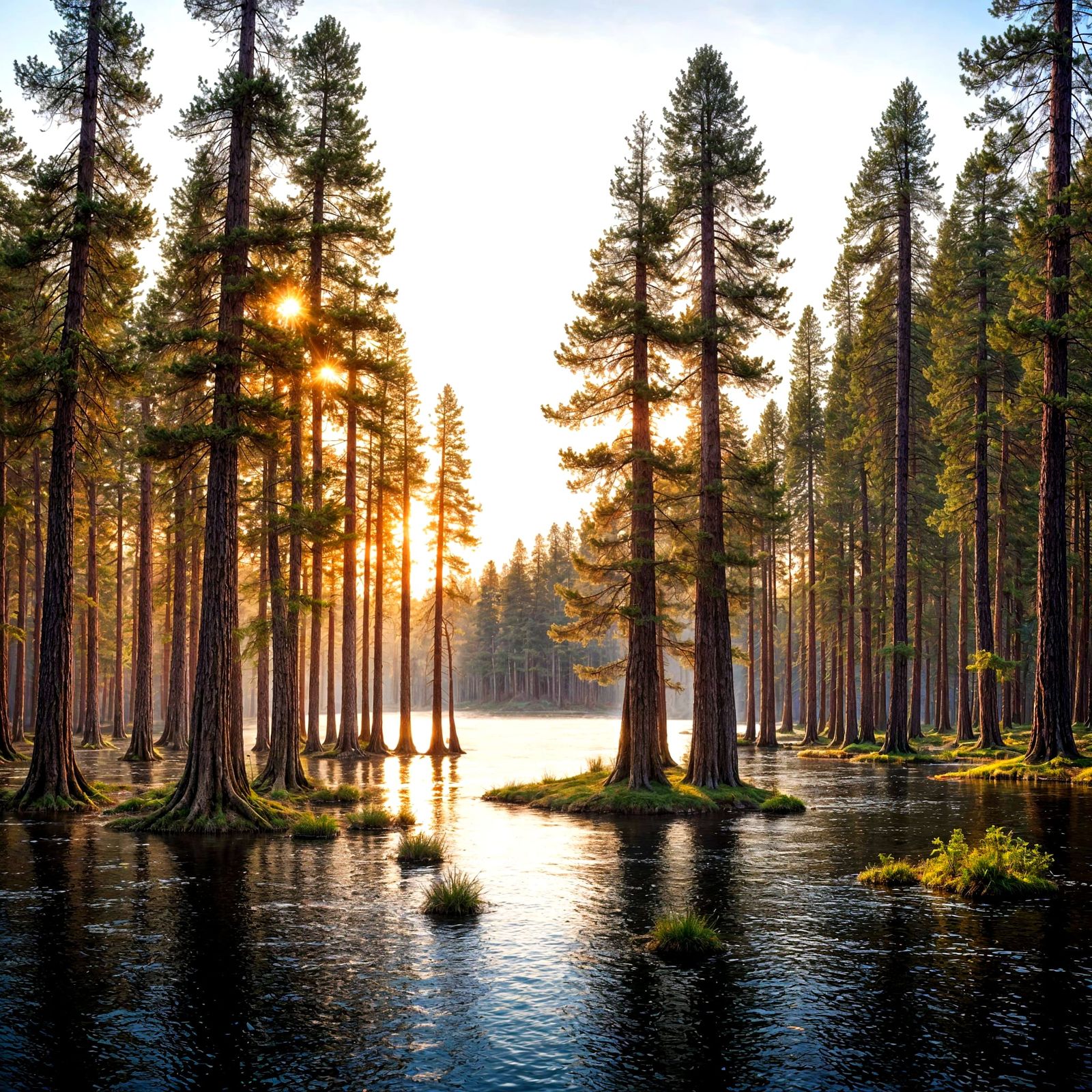 Sunrise Lake with Cypress Trees, Greg Rutkowski Style