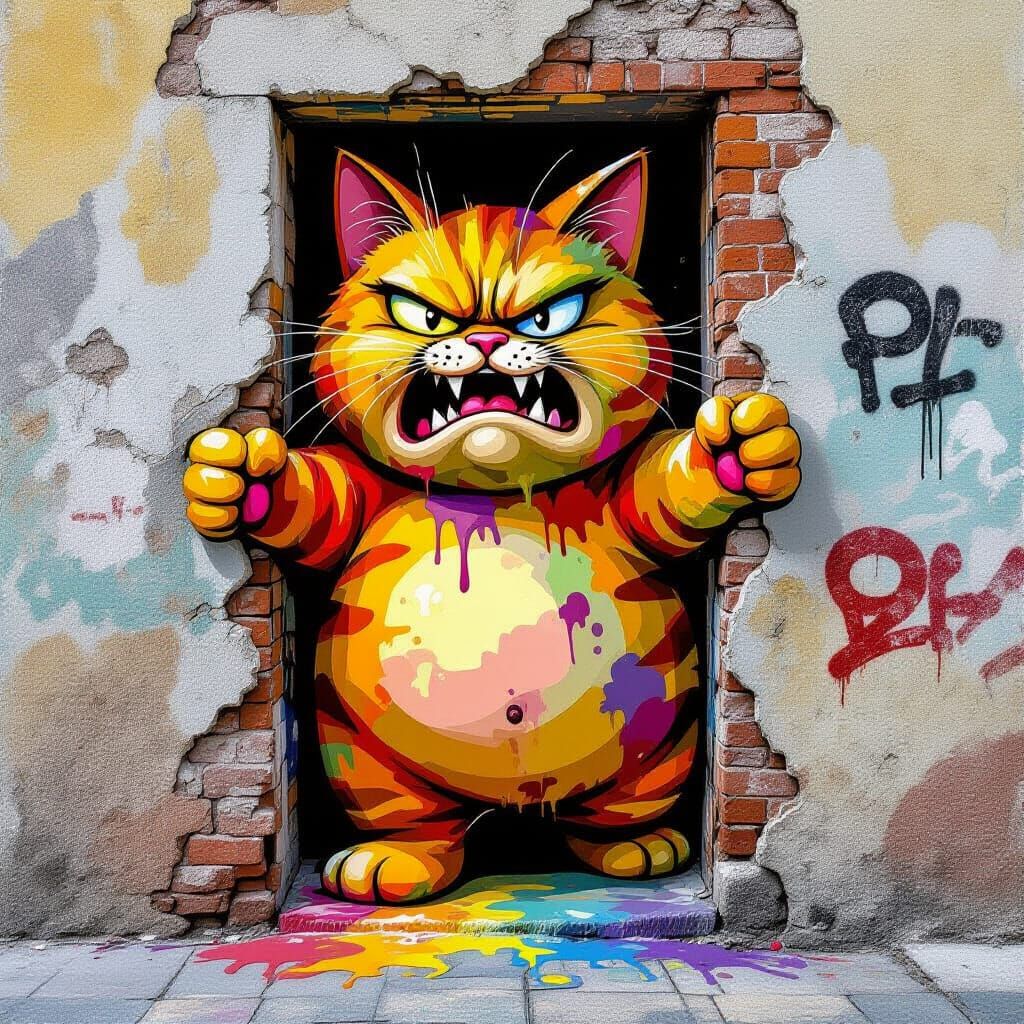 Fat Angry Cat Emerging from Wall in Graffiti Style