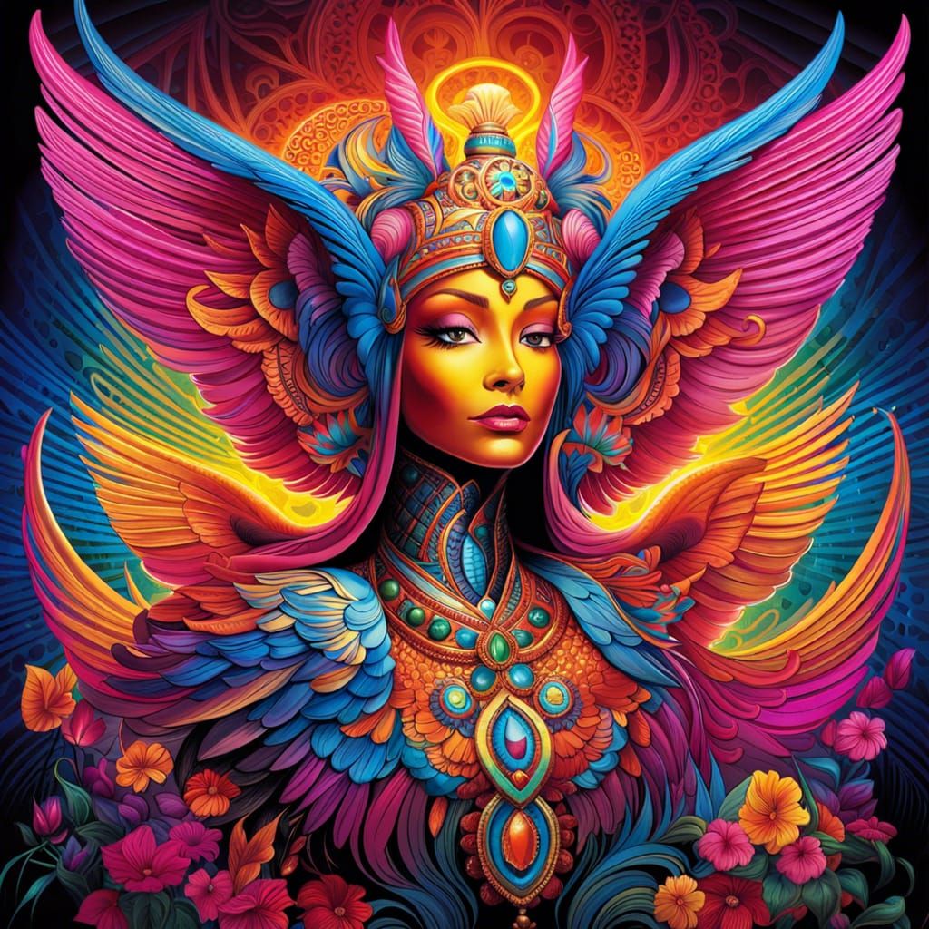 Psychedelic Flower Petal Winged Humanoid Vector Art