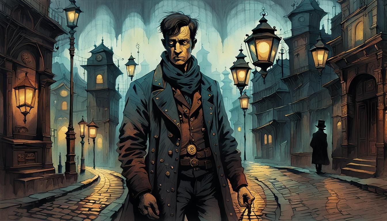 Steampunk Lamplight Silhouette in Dark Fantasy Style