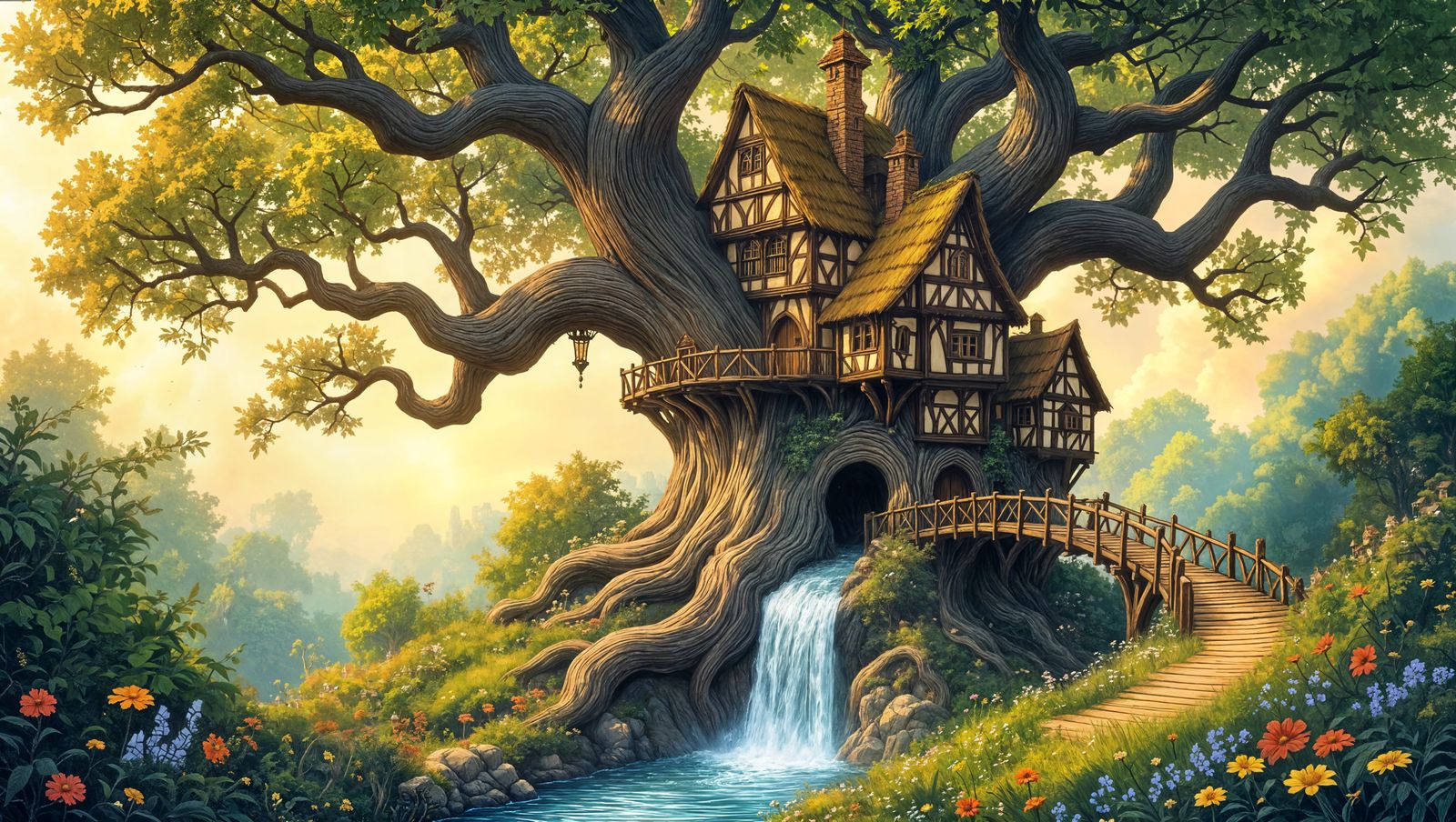 Enchanted Tree Village in Medieval Fantasy Style