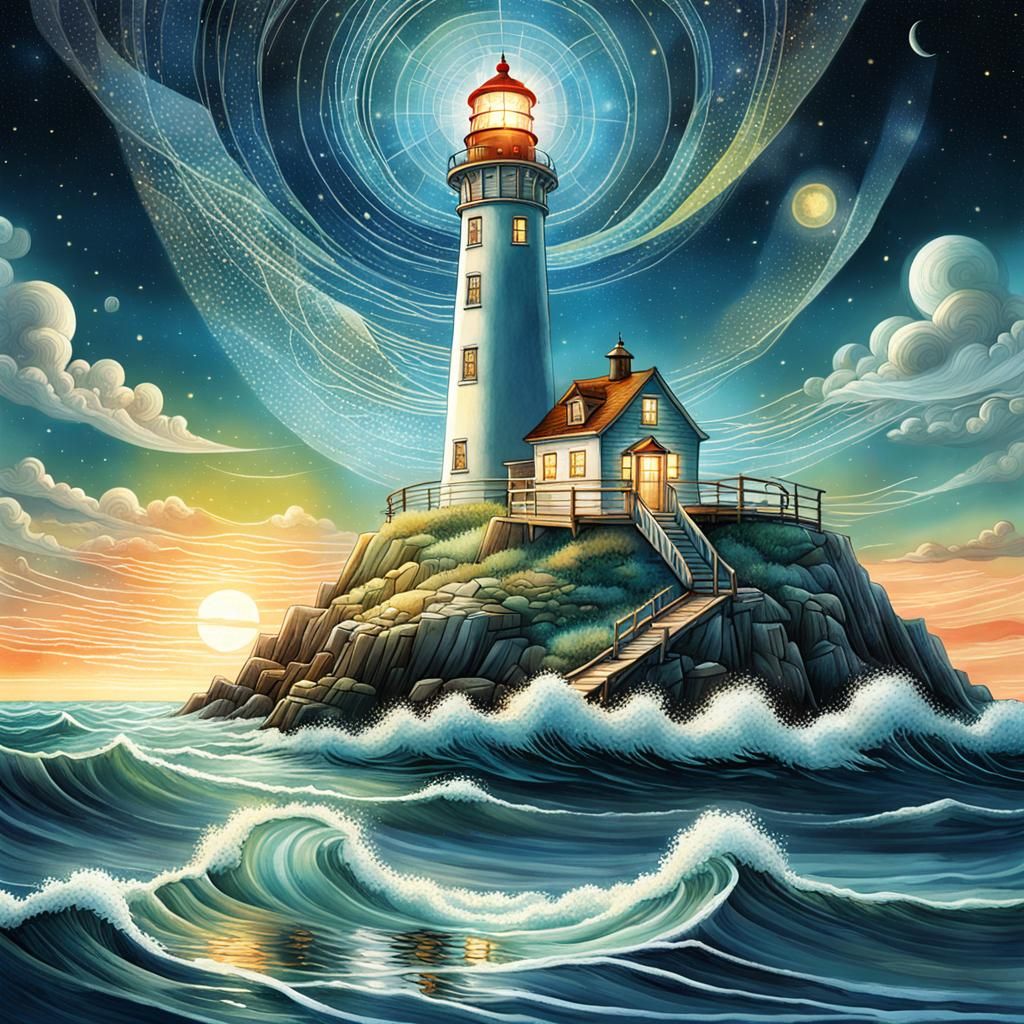 Lighthouse at Sea: Vintage Storybook Illustration