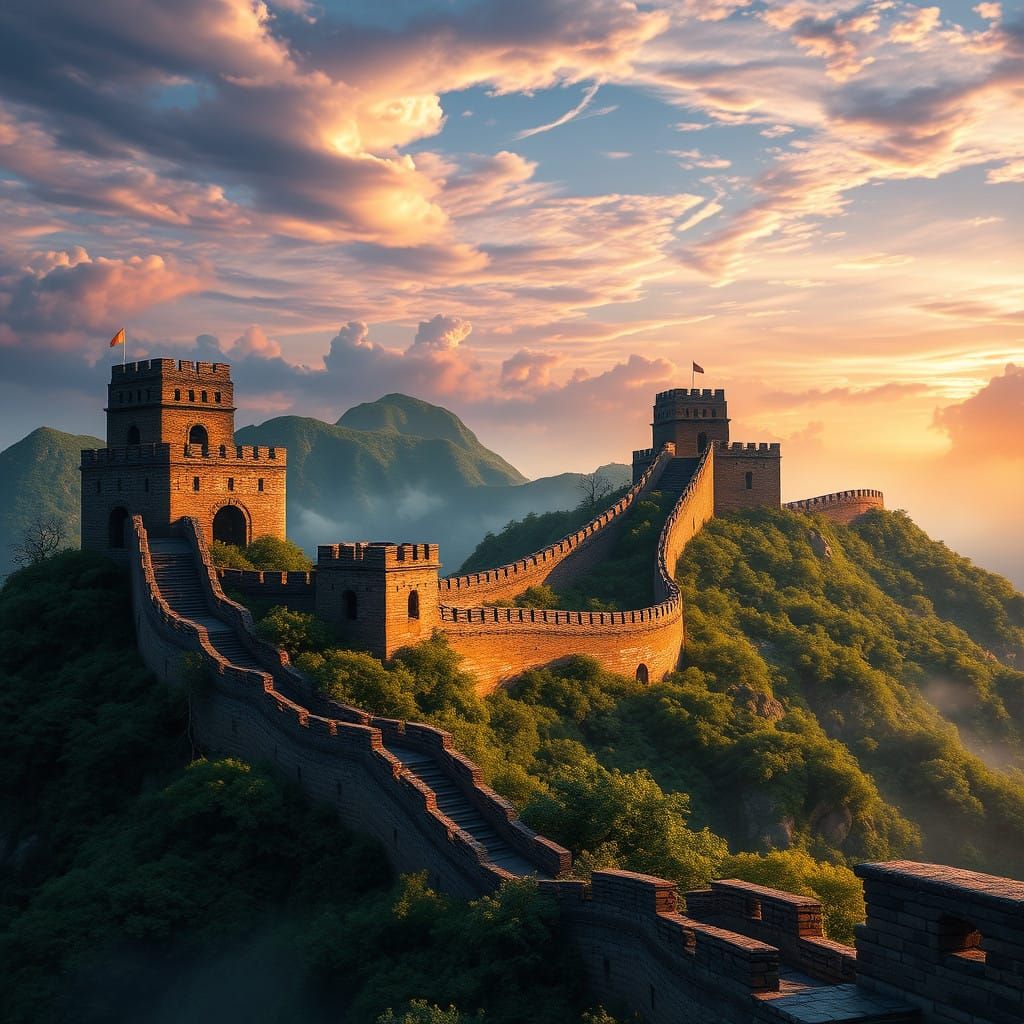 Ancient Chinese Watchtowers Amidst Lush Greenery and Gradien...
