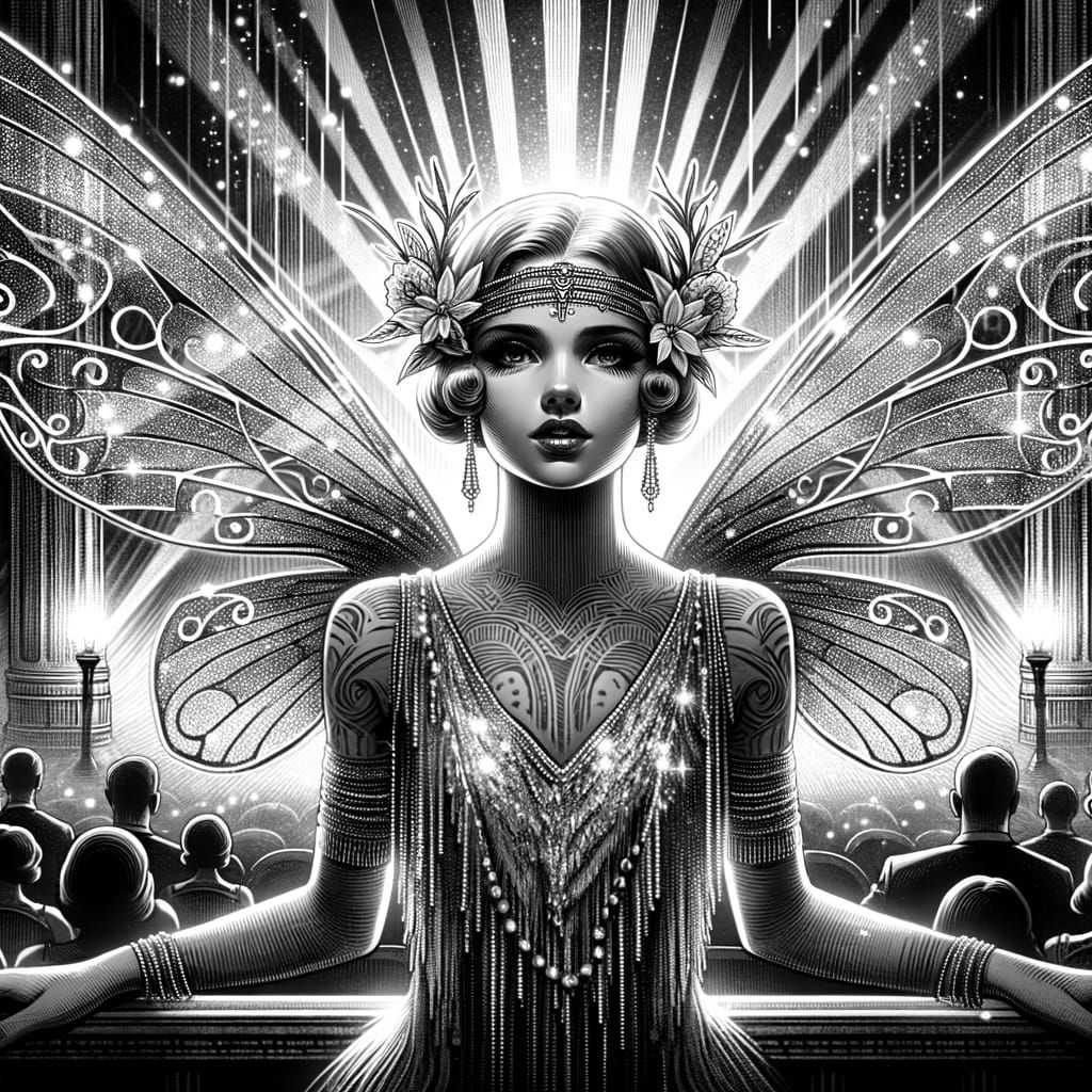 Glamorous Art Deco Fairy in Monochrome Style