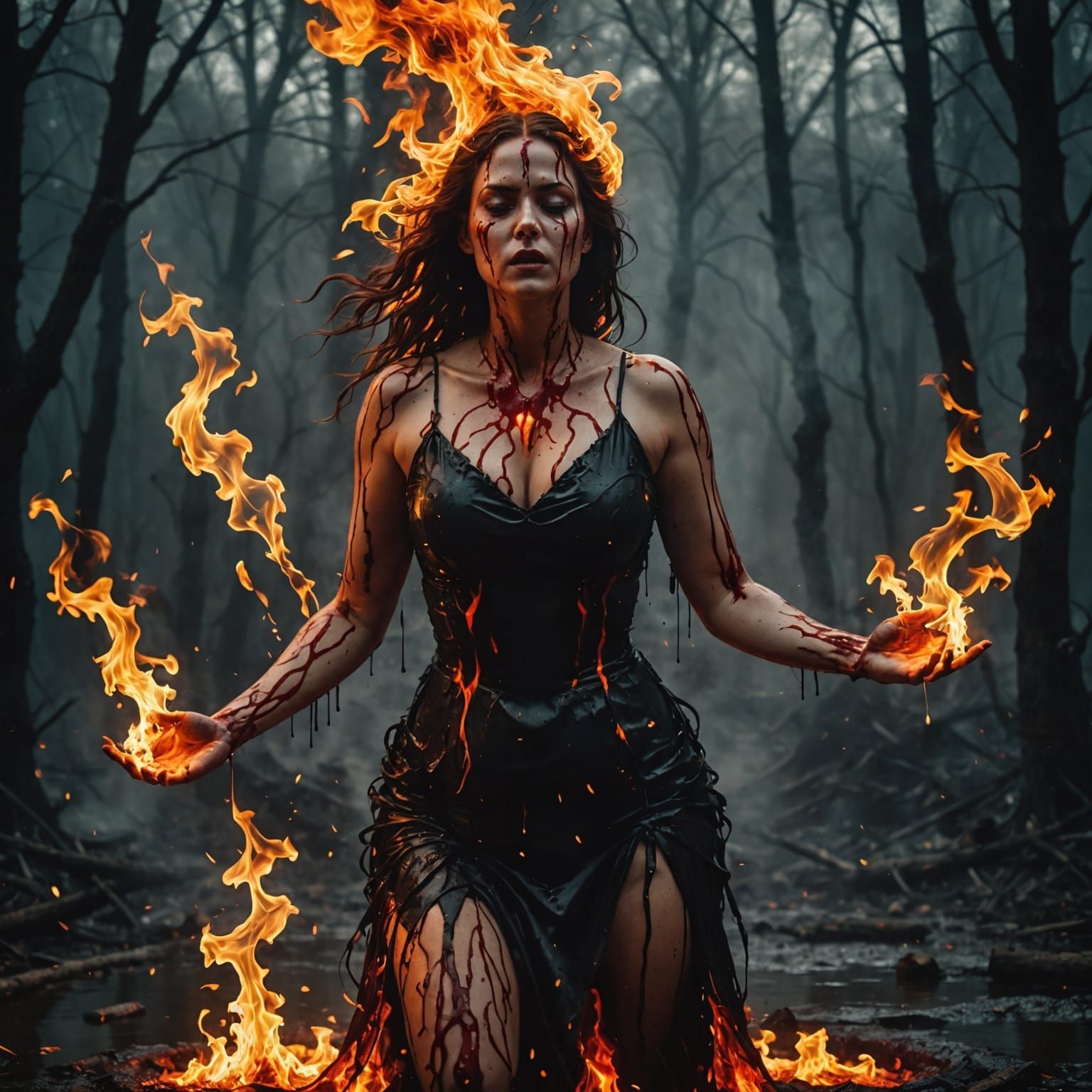 A surreal and dark, gritty horror fantasy scene of a woman t...