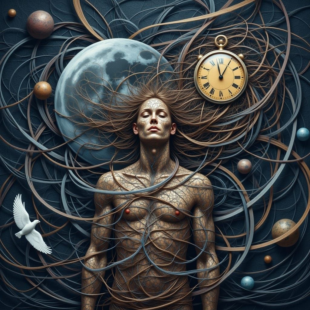 Man Ensnared in Dreamlike Threads with Lunar and Celestial I...